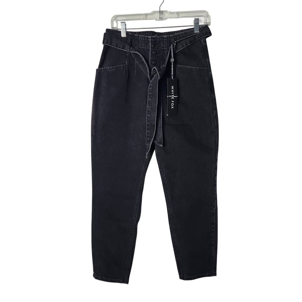 White Fox Black Denim Tapered Leg Button Fly High Rise Belted Ankle Jeans Medium